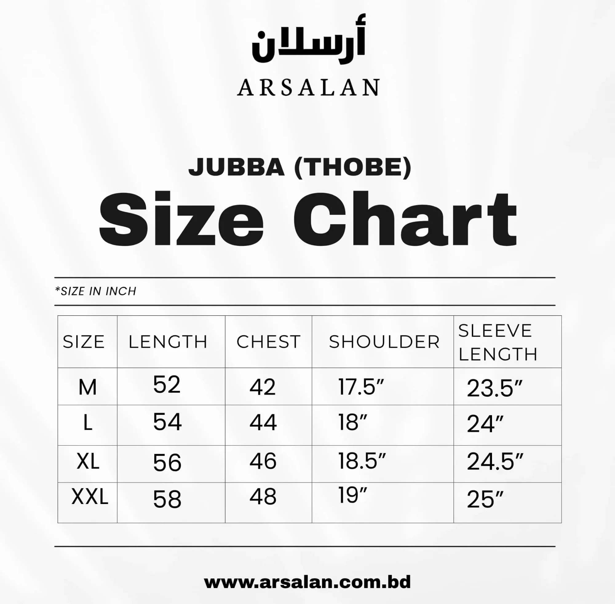 ARSALAN SIZE CHART